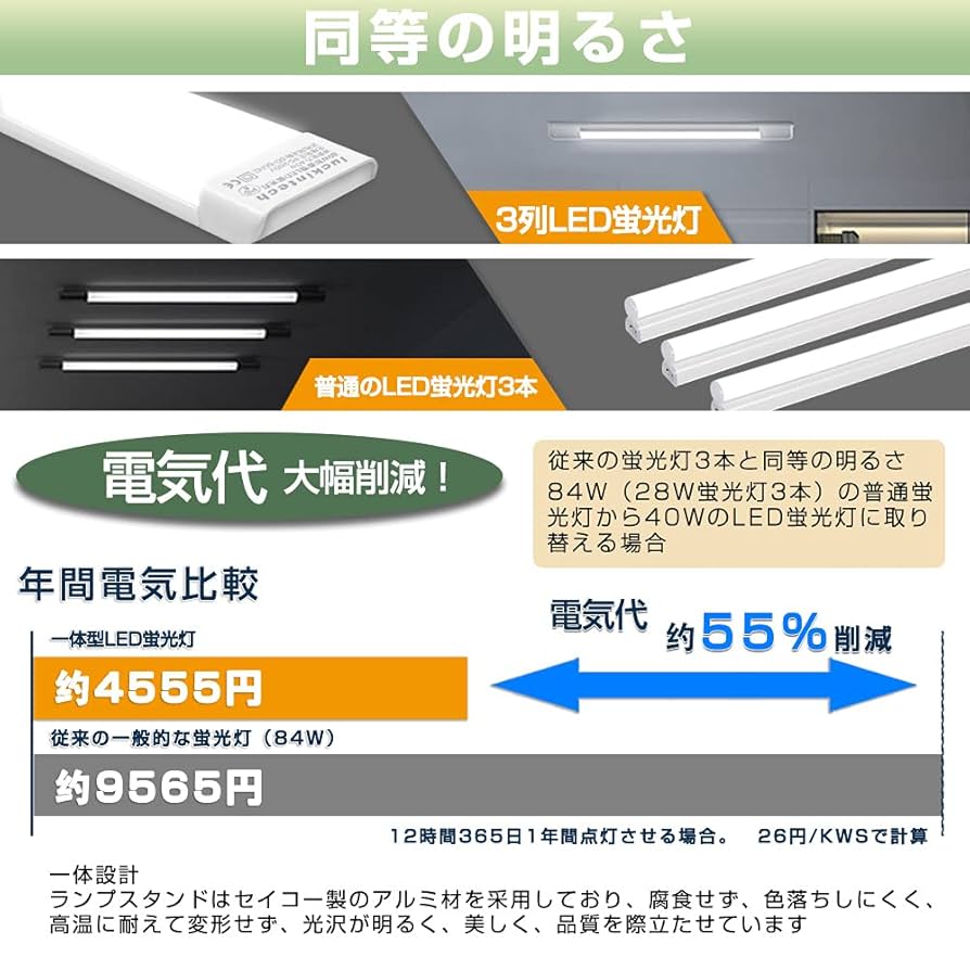 Amazon | LED蛍光灯,LEDベースライト スイッチ付き 80W形 40W